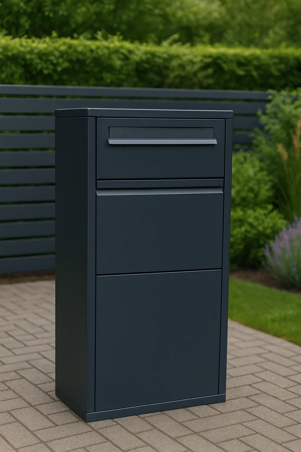 Anthrazitfarbene Paketbox vor einem modernen Zaun